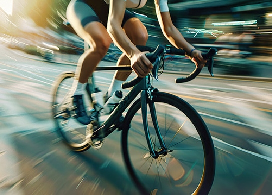 Woman is riding a bike but her head is not showing.