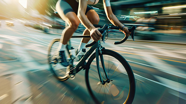 Woman is riding a bike but her head is not showing.